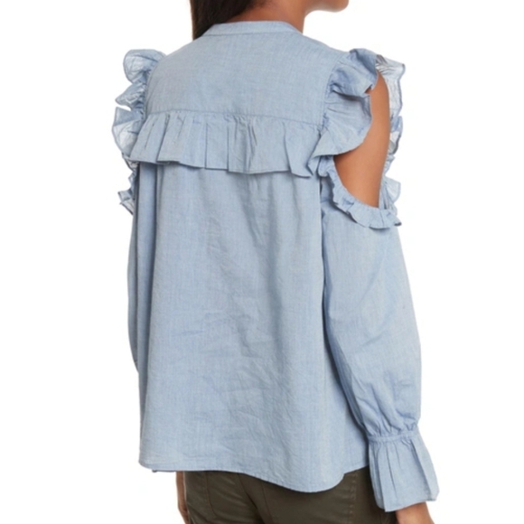 Joie Akari Ruffled Cold Shoulder Button Front Chambray Blouse SzXS - Picture 2 of 10